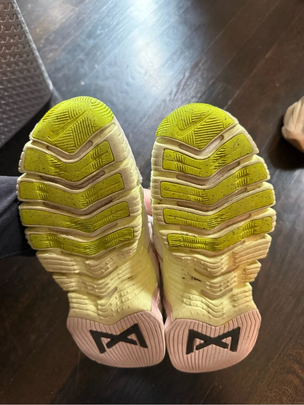 Nike Womens Beige Sneakers with Neon Green Heel and Coral Swoosh